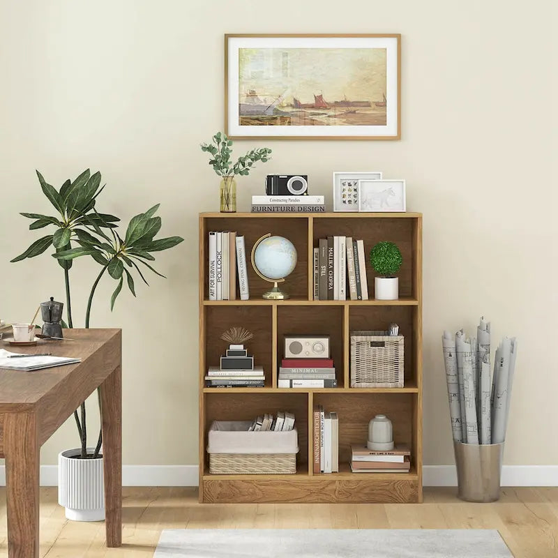 Meuble de rangement pour jouets/bibliothèque 7 compartiments en MDF blanc/marron avec dispositifs anti-basculement pour 1