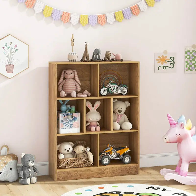 Meuble de rangement pour jouets/bibliothèque 7 compartiments en MDF blanc/marron avec dispositifs anti-basculement pour 1