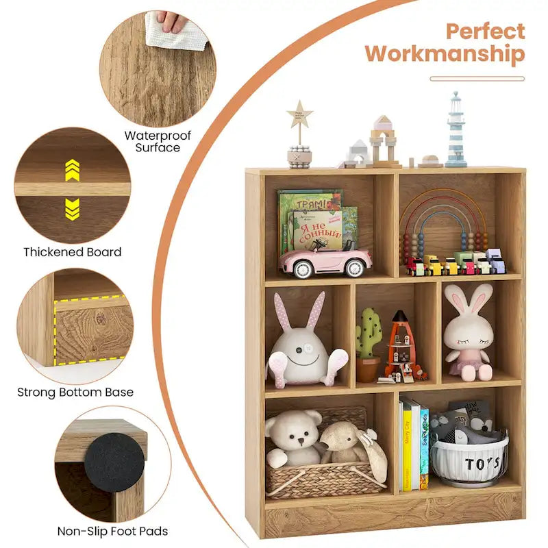 Meuble de rangement pour jouets/bibliothèque 7 compartiments en MDF blanc/marron avec dispositifs anti-basculement pour 1