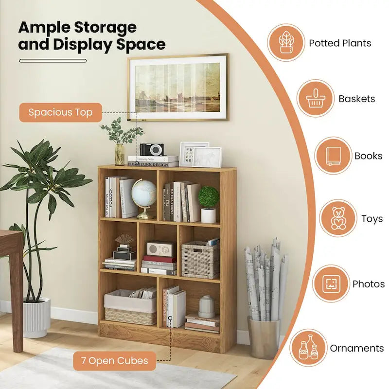 Meuble de rangement pour jouets/bibliothèque 7 compartiments en MDF blanc/marron avec dispositifs anti-basculement pour 1