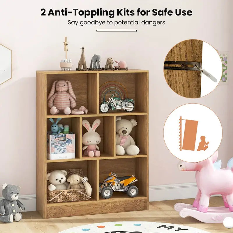Meuble de rangement pour jouets/bibliothèque 7 compartiments en MDF blanc/marron avec dispositifs anti-basculement pour 1