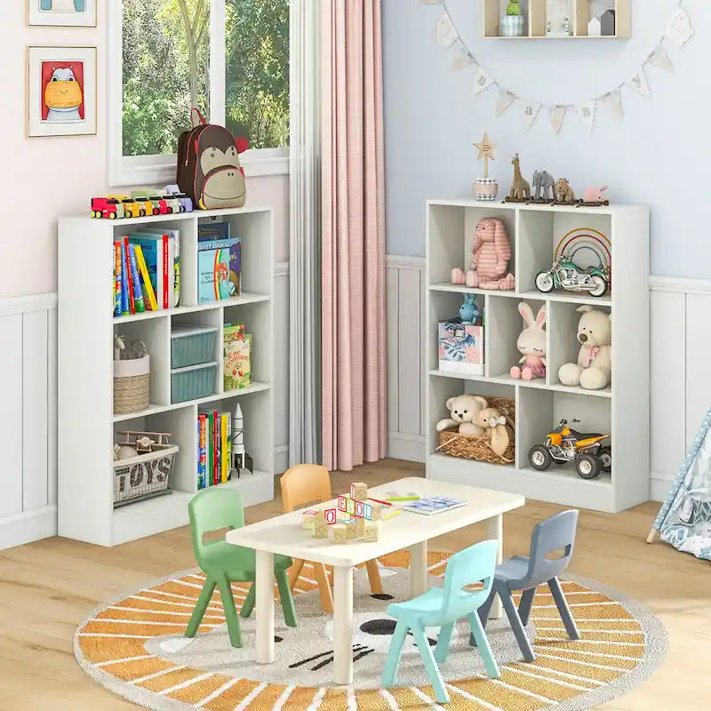 Meuble de rangement pour jouets/bibliothèque 7 compartiments en MDF blanc/marron avec dispositifs anti-basculement pour 1