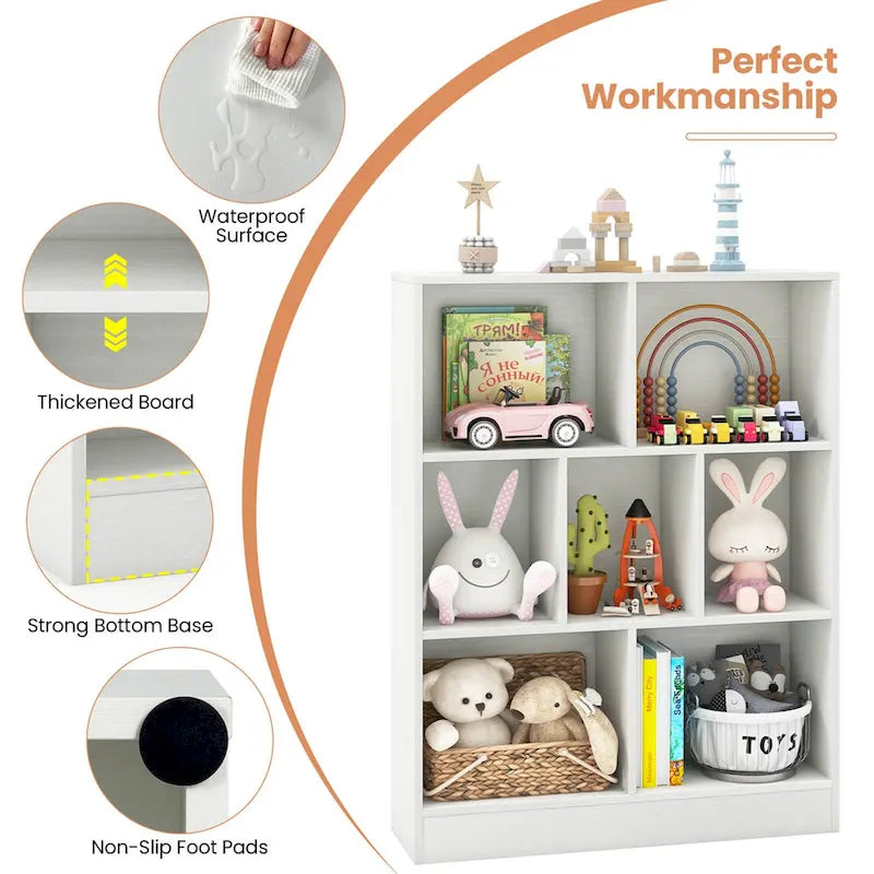Meuble de rangement pour jouets/bibliothèque 7 compartiments en MDF blanc/marron avec dispositifs anti-basculement pour 1