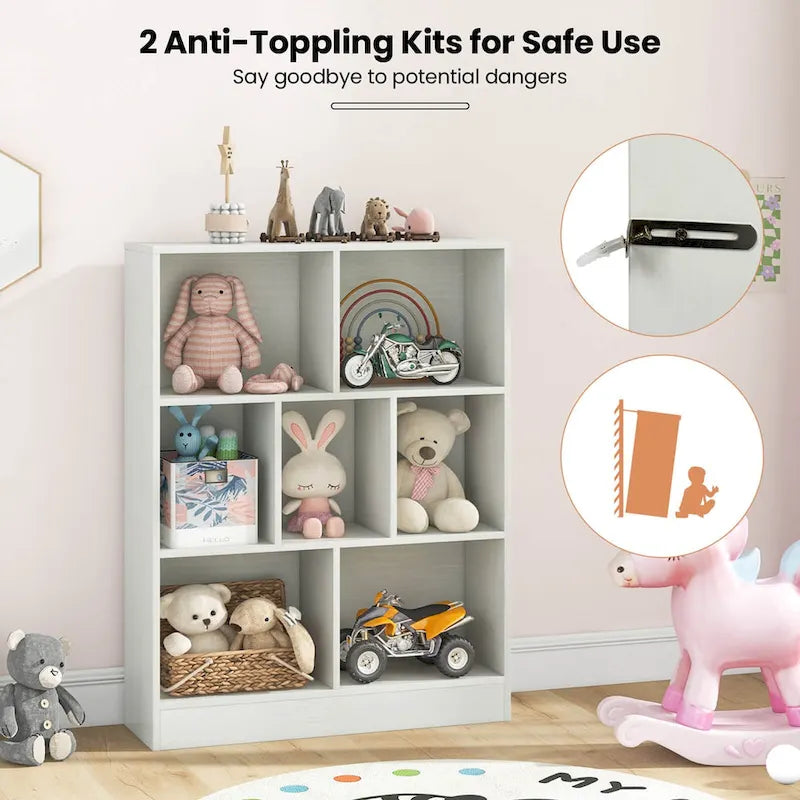 Meuble de rangement pour jouets/bibliothèque 7 compartiments en MDF blanc/marron avec dispositifs anti-basculement pour 1