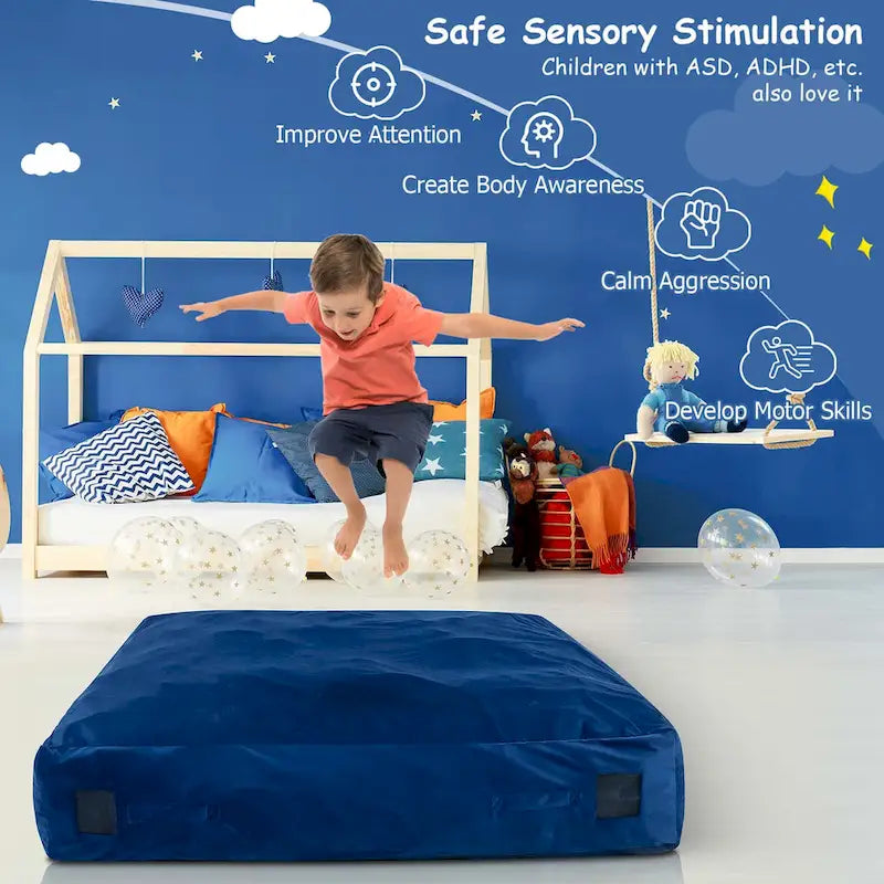 Tapis de chute sensoriel rempli de mousse bleu/noir pour adultes et enfants