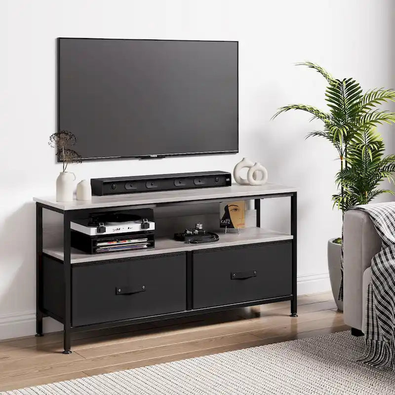 Meuble TV/Commode grain de bois blanc/noir avec 3 tiroirs en tissu pour téléviseurs jusqu'à 55"