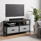 Meuble TV/Commode grain de bois blanc/noir avec 3 tiroirs en tissu pour téléviseurs jusqu'à 55"