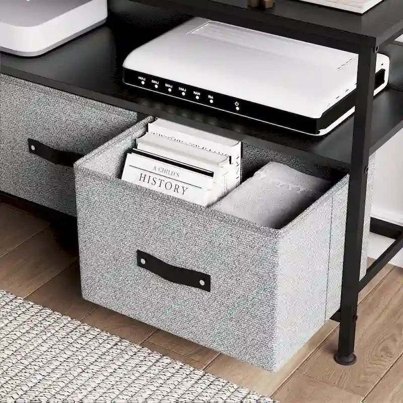 Meuble TV/Commode grain de bois blanc/noir avec 3 tiroirs en tissu pour téléviseurs jusqu'à 55"