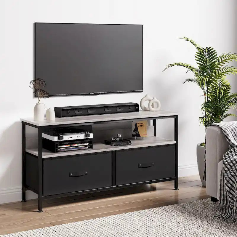 Meuble TV/Commode grain de bois blanc/noir avec 3 tiroirs en tissu pour téléviseurs jusqu'à 55"