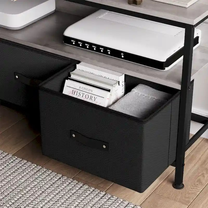 Meuble TV/Commode grain de bois blanc/noir avec 3 tiroirs en tissu pour téléviseurs jusqu'à 55"