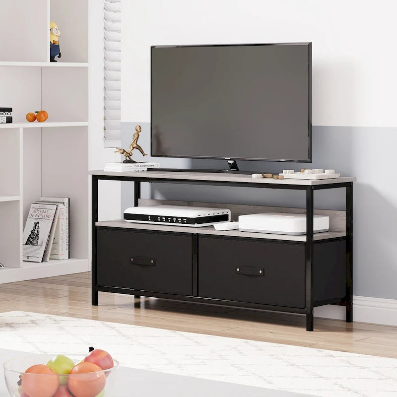 Meuble TV/Commode grain de bois blanc/noir avec 3 tiroirs en tissu pour téléviseurs jusqu'à 55"