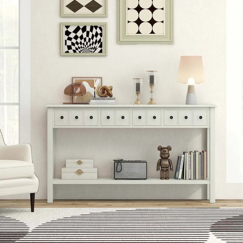Console avec 4 tiroirs et une étagère – Noir/Blanc crème, style rétro en MDF et bois massif, 1 à 2 utilisateurs