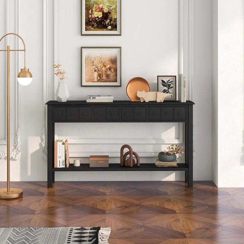 Console avec 4 tiroirs et une étagère – Noir/Blanc crème, style rétro en MDF et bois massif, 1 à 2 utilisateurs