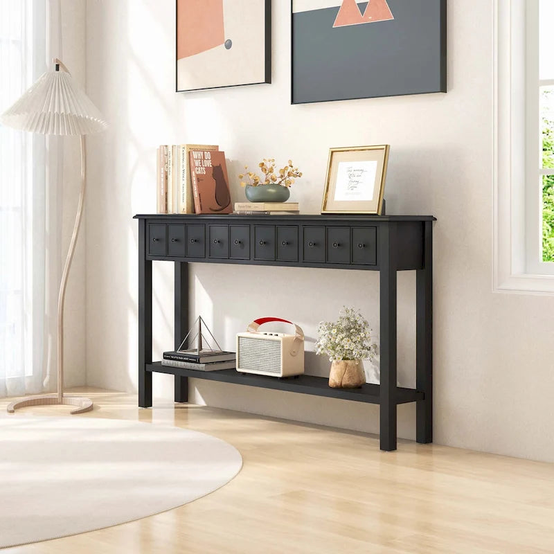 Console avec 4 tiroirs et une étagère – Noir/Blanc crème, style rétro en MDF et bois massif, 1 à 2 utilisateurs