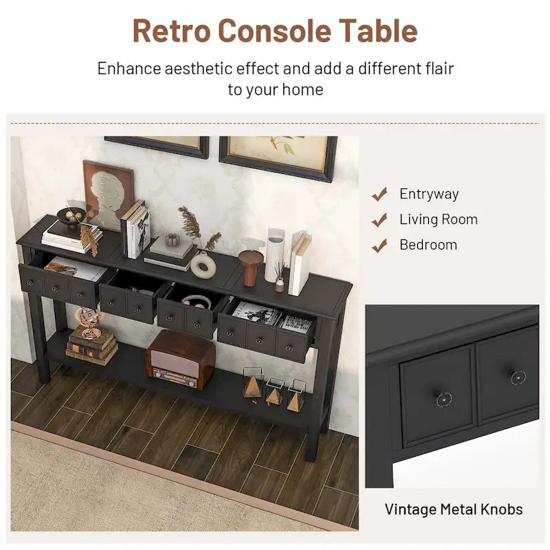 Console avec 4 tiroirs et une étagère – Noir/Blanc crème, style rétro en MDF et bois massif, 1 à 2 utilisateurs