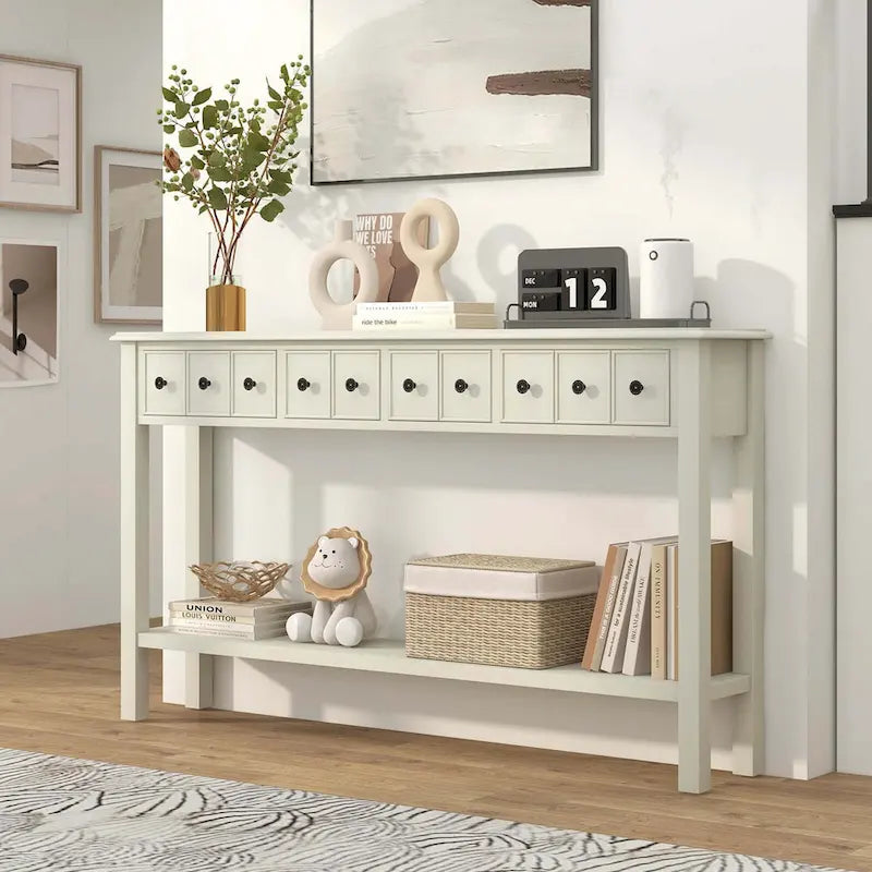 Console avec 4 tiroirs et une étagère – Noir/Blanc crème, style rétro en MDF et bois massif, 1 à 2 utilisateurs