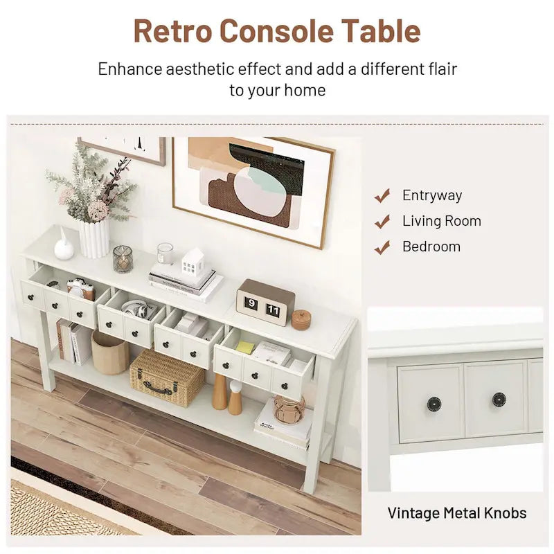 Console avec 4 tiroirs et une étagère – Noir/Blanc crème, style rétro en MDF et bois massif, 1 à 2 utilisateurs