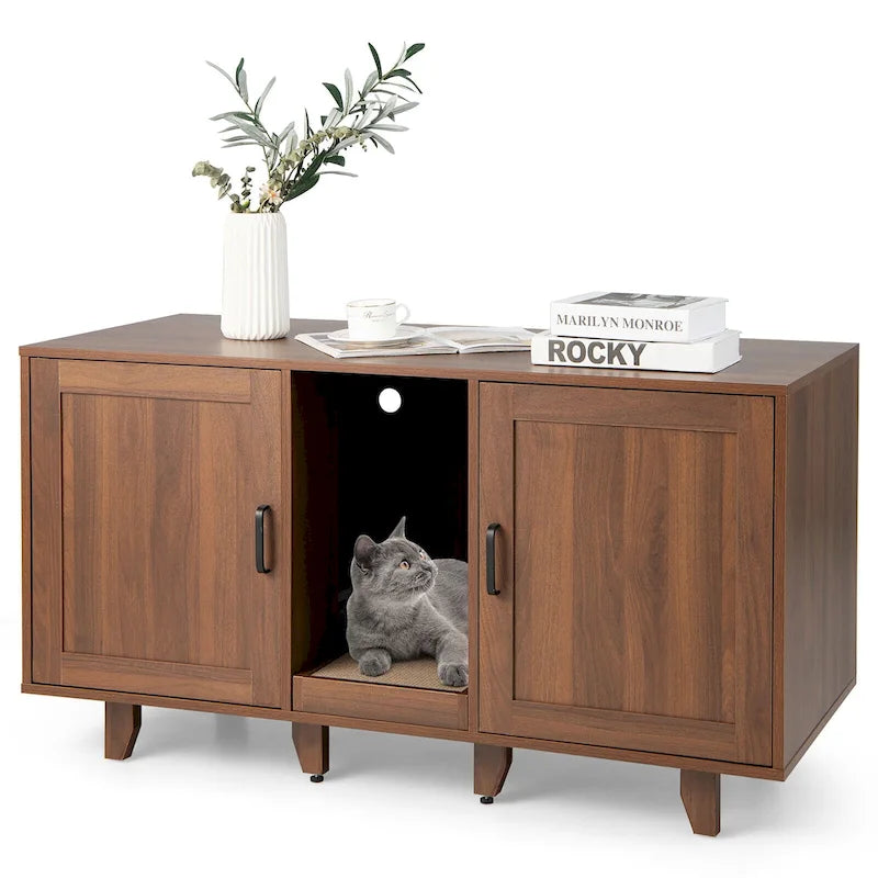Meuble Cache Litière avec 2 Portes – Gris / Marron, Meuble en Bois Cache-Litière, 1-2 Chats