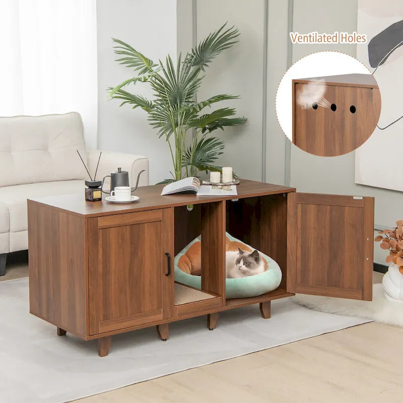 Meuble Cache Litière avec 2 Portes – Gris / Marron, Meuble en Bois Cache-Litière, 1-2 Chats