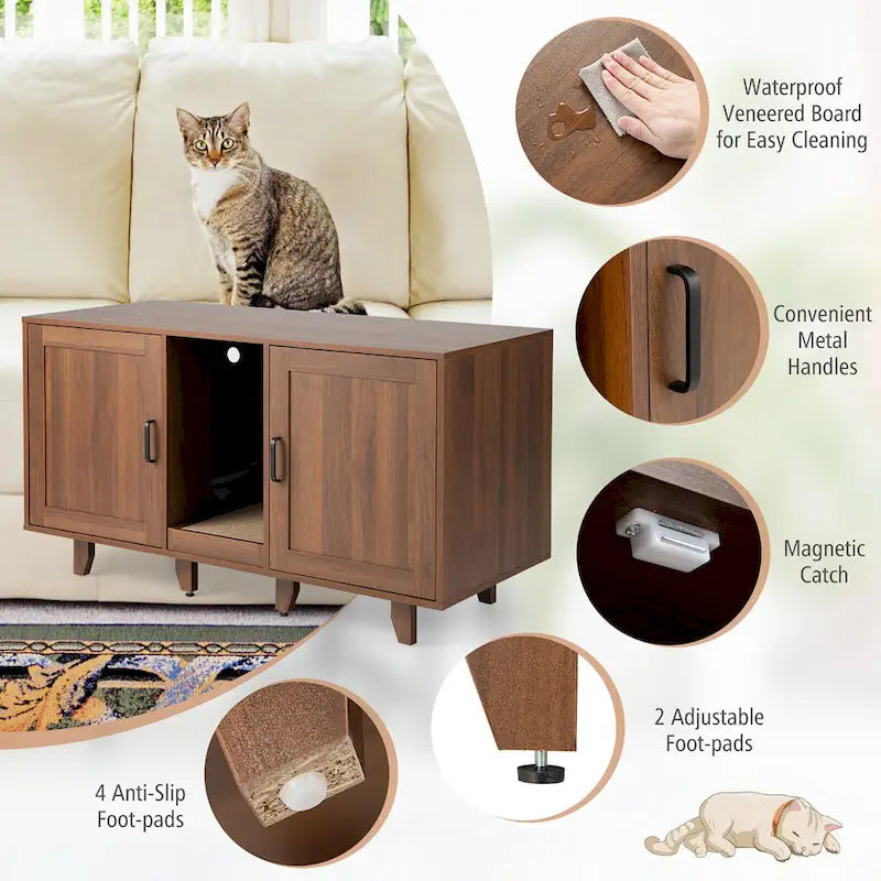 Meuble Cache Litière avec 2 Portes – Gris / Marron, Meuble en Bois Cache-Litière, 1-2 Chats