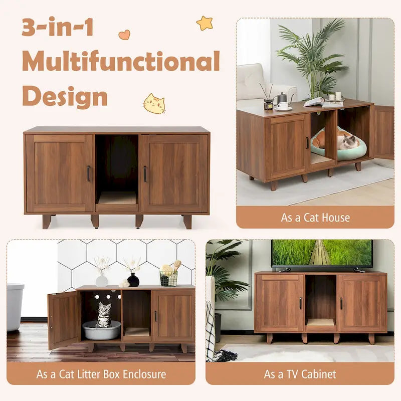 Meuble Cache Litière avec 2 Portes – Gris / Marron, Meuble en Bois Cache-Litière, 1-2 Chats