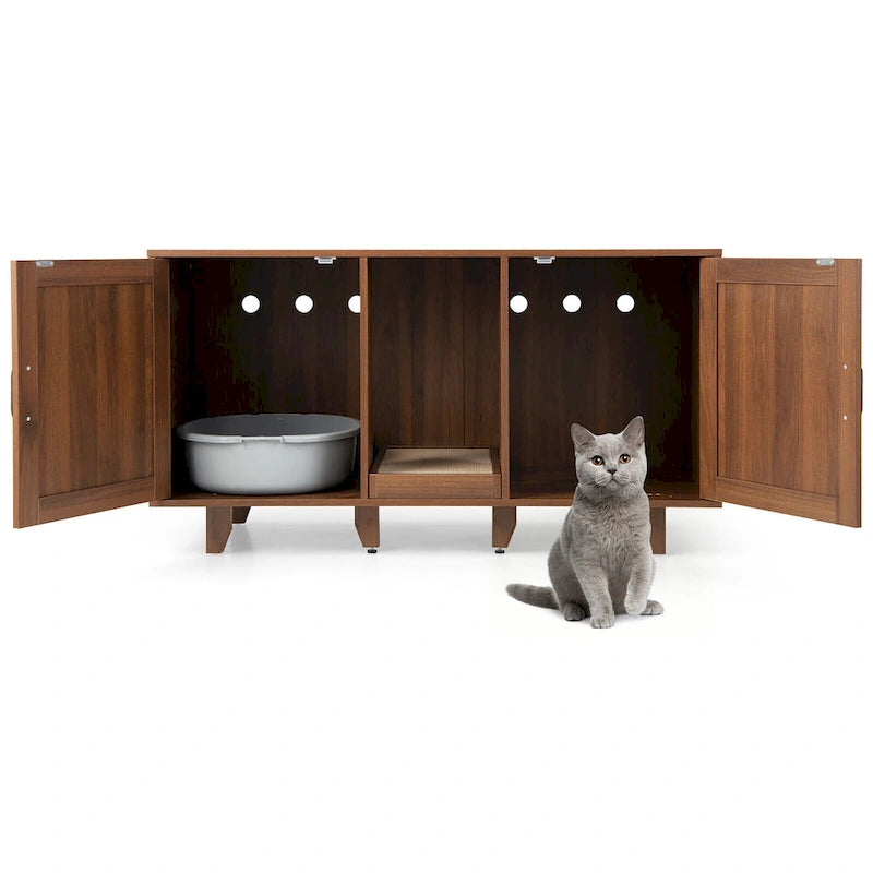Meuble Cache Litière avec 2 Portes – Gris / Marron, Meuble en Bois Cache-Litière, 1-2 Chats
