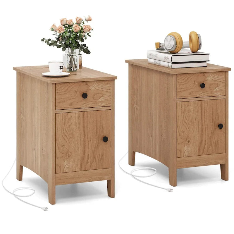 Table d'appoint avec station de recharge et rangement – Naturelle, plateau basculant en bois, unité simple / lot de 2