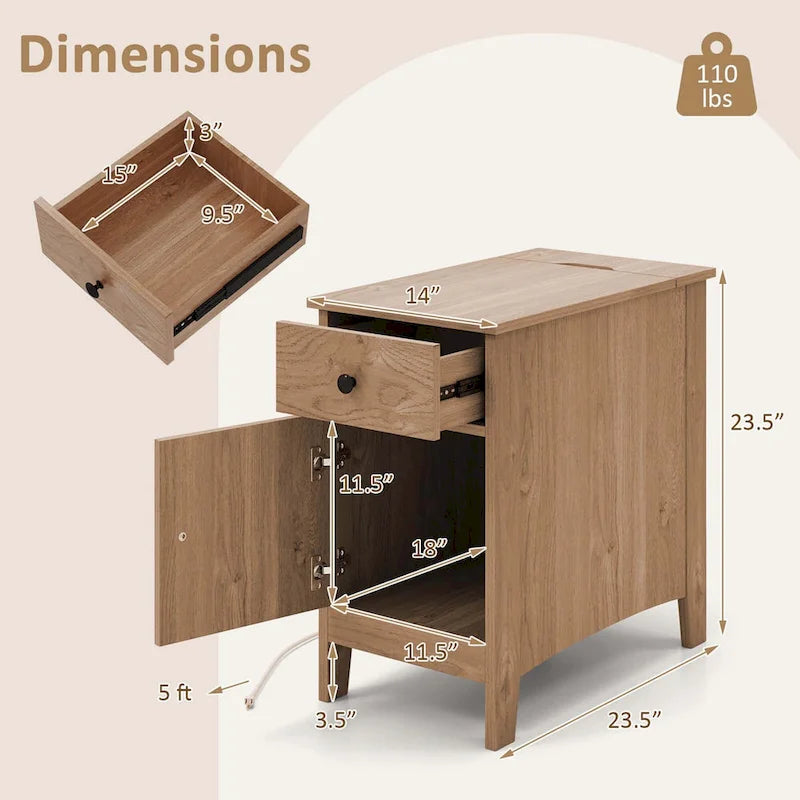 Table d'appoint avec station de recharge et rangement – Naturelle, plateau basculant en bois, unité simple / lot de 2