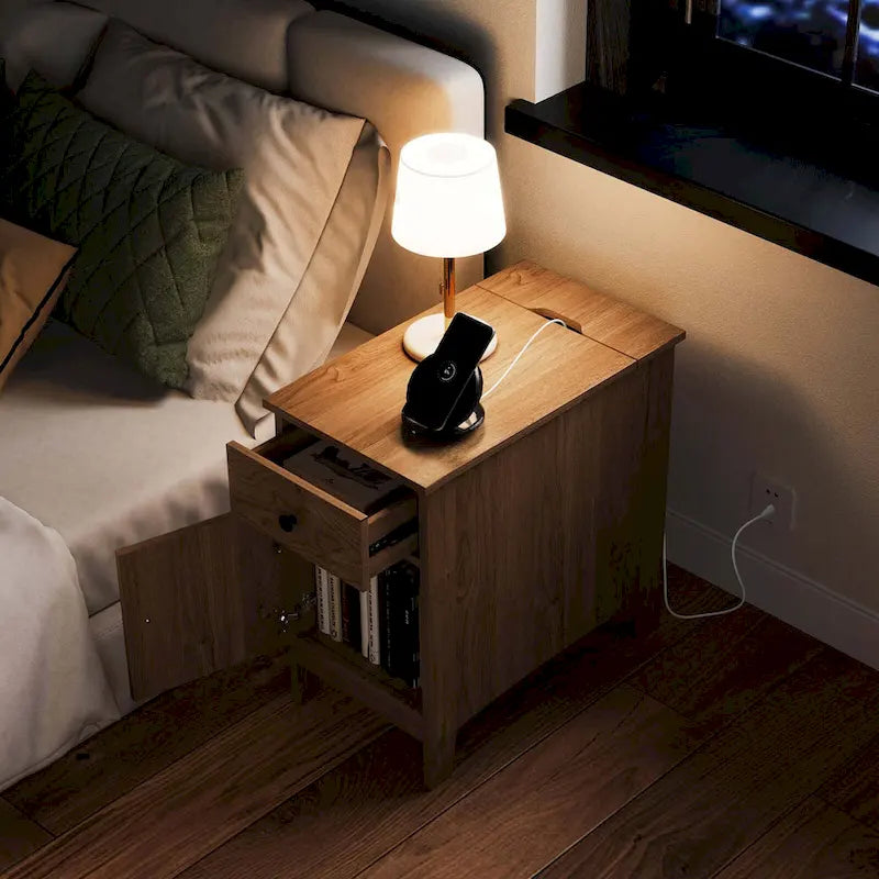 Table d'appoint avec station de recharge et rangement – Naturelle, plateau basculant en bois, unité simple / lot de 2