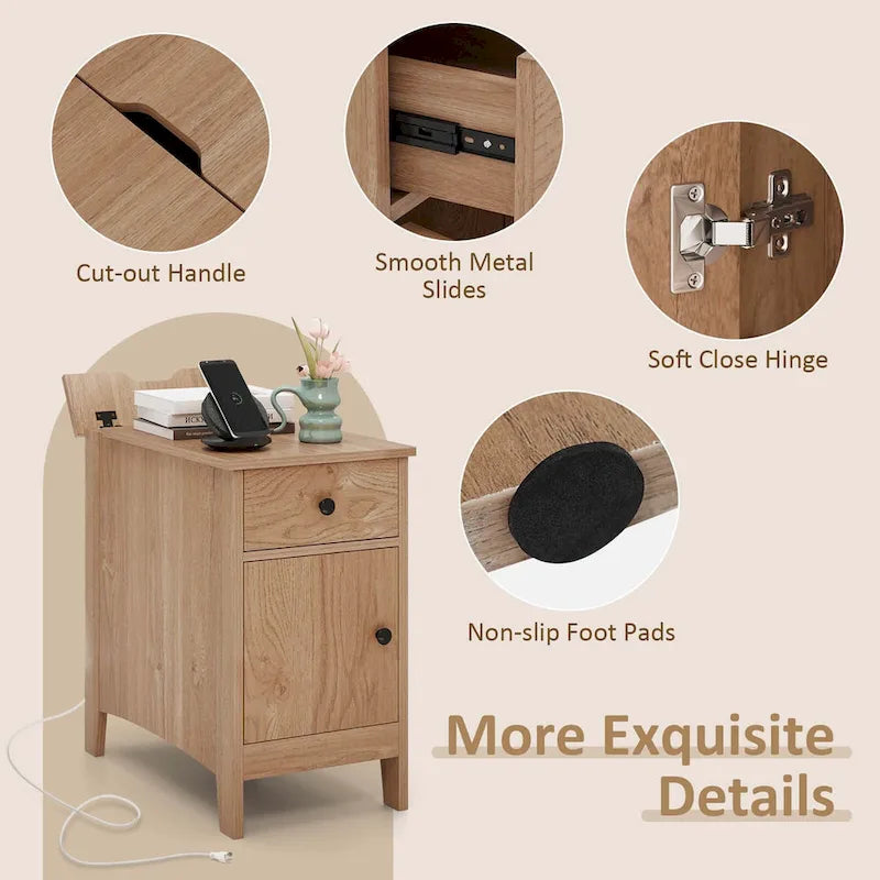 Table d'appoint avec station de recharge et rangement – Naturelle, plateau basculant en bois, unité simple / lot de 2