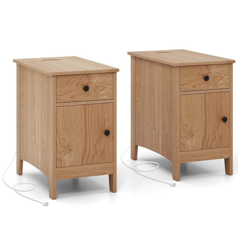 Table d'appoint avec station de recharge et rangement – Naturelle, plateau basculant en bois, unité simple / lot de 2