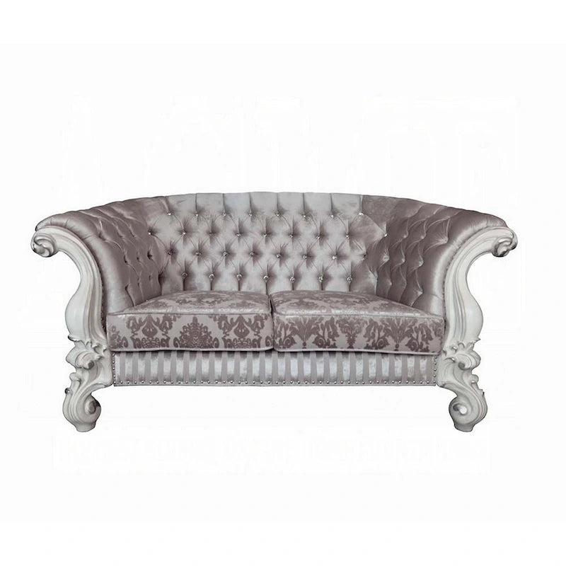 Causeuse en forme de croissant blanc ivoire en tissu capitonné avec 5 coussins pour 2 personnes