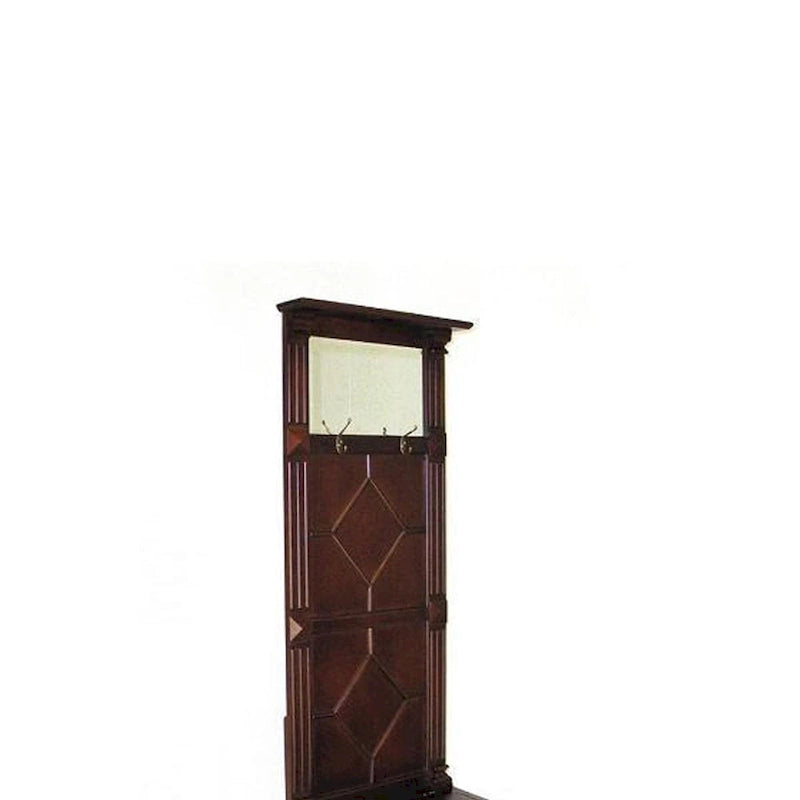 Meuble d'entrée transitoire en bois de pin marron avec miroir, 2 crochets et coffre de rangement à couvercle relevable pour 1