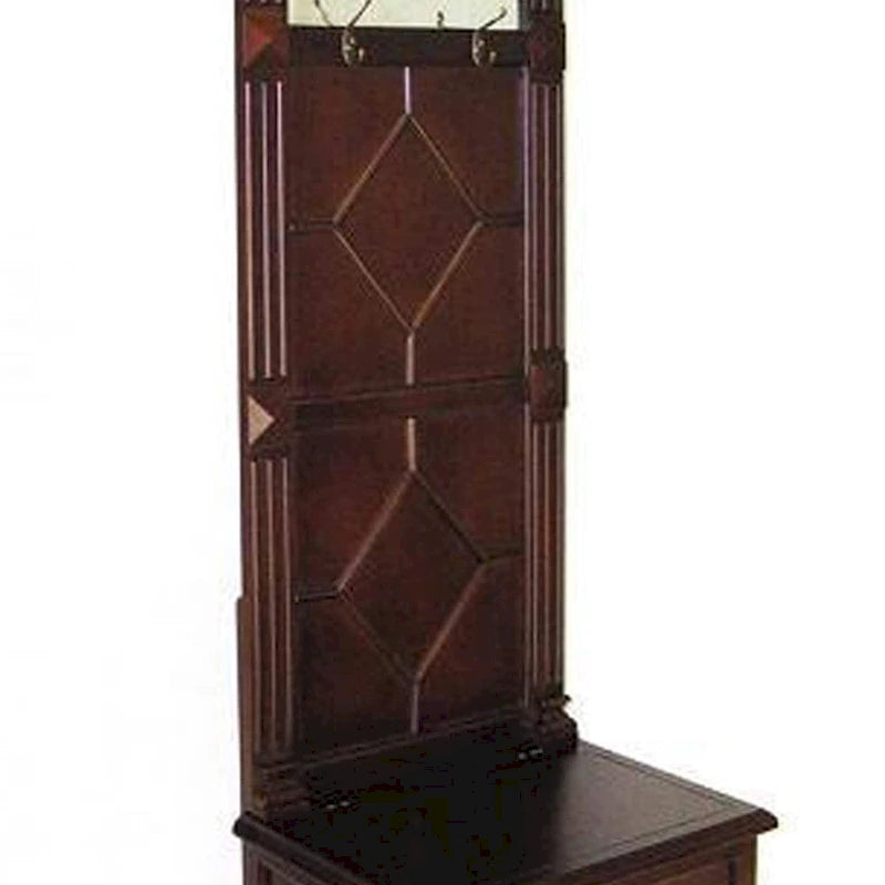 Meuble d'entrée transitoire en bois de pin marron avec miroir, 2 crochets et coffre de rangement à couvercle relevable pour 1