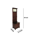 Meuble d'entrée transitoire en bois de pin marron avec miroir, 2 crochets et coffre de rangement à couvercle relevable pour 1