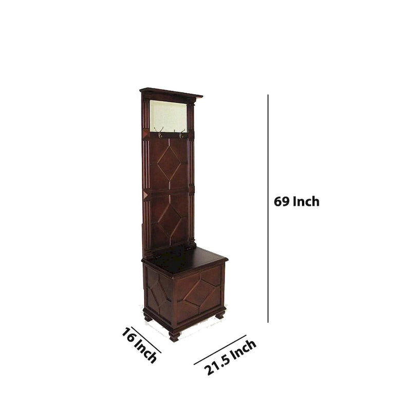 Meuble d'entrée transitoire en bois de pin marron avec miroir, 2 crochets et coffre de rangement à couvercle relevable pour 1