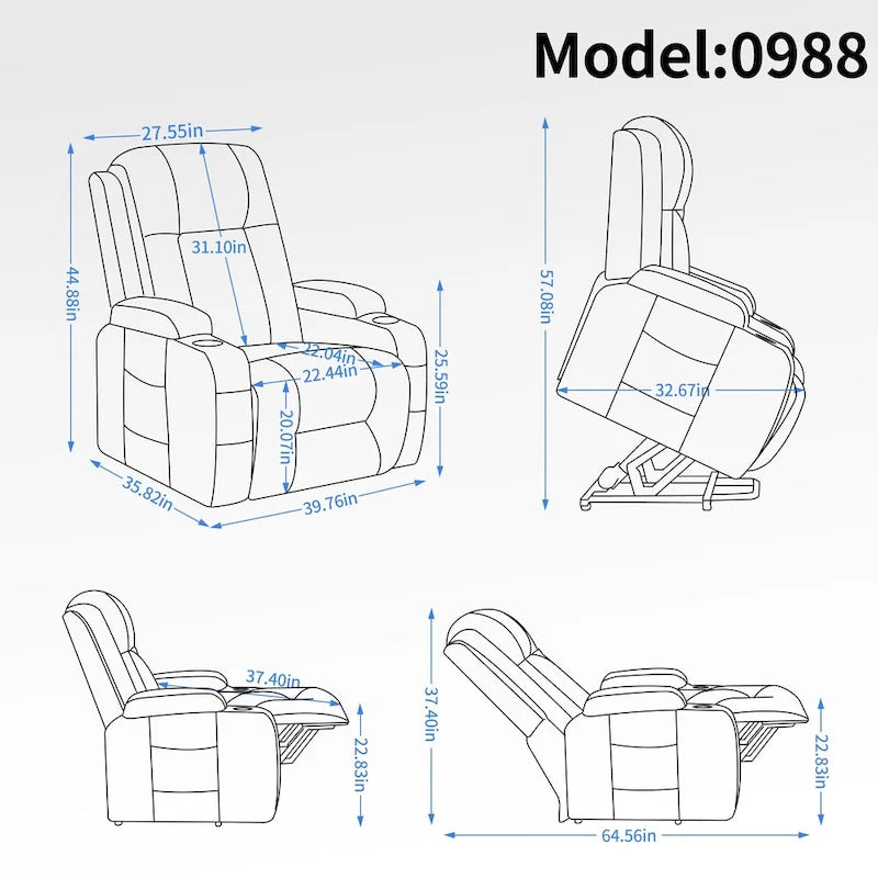 Fauteuil inclinable électrique noir/gris/marron avec massage et chauffage pour 1 personne