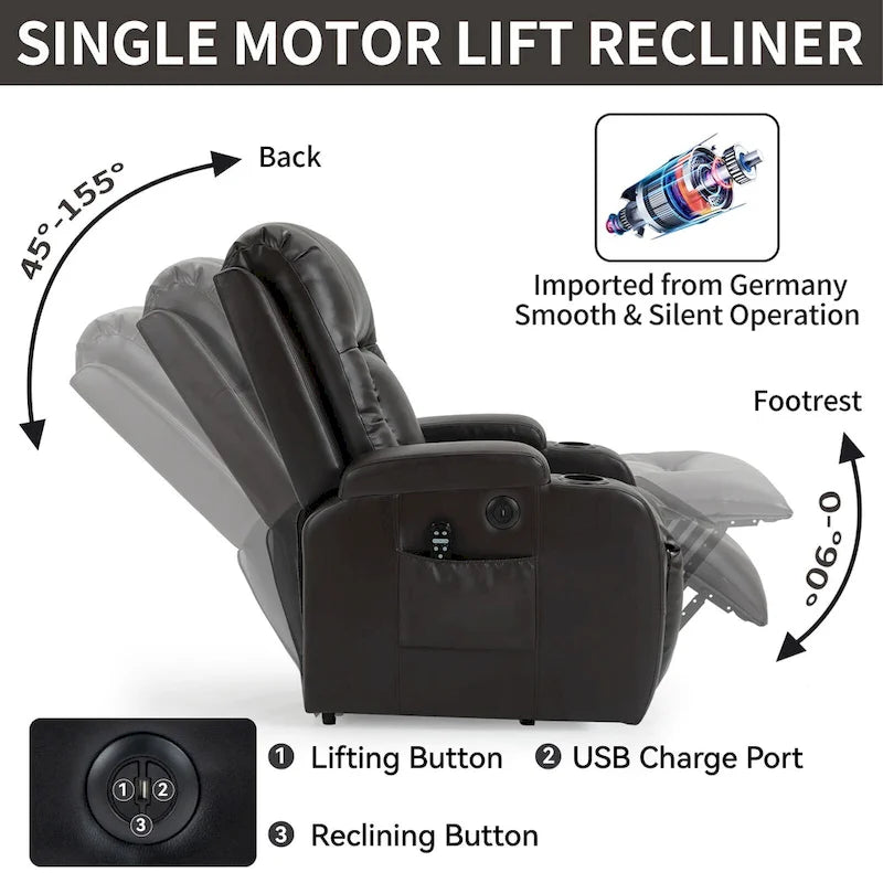 Fauteuil inclinable électrique noir/gris/marron avec massage et chauffage pour 1 personne