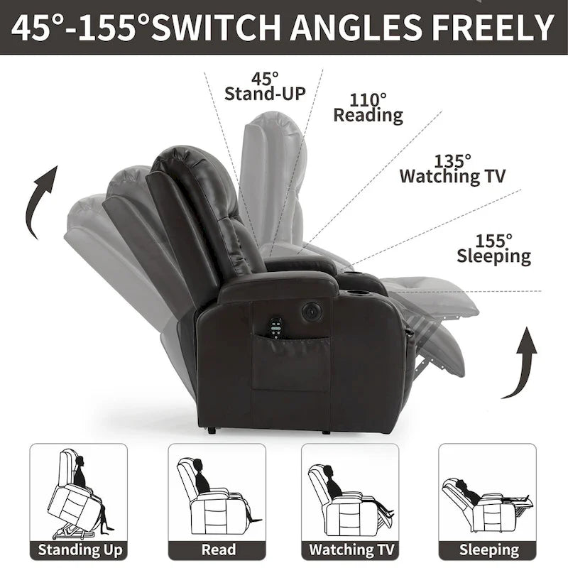 Fauteuil inclinable électrique noir/gris/marron avec massage et chauffage pour 1 personne