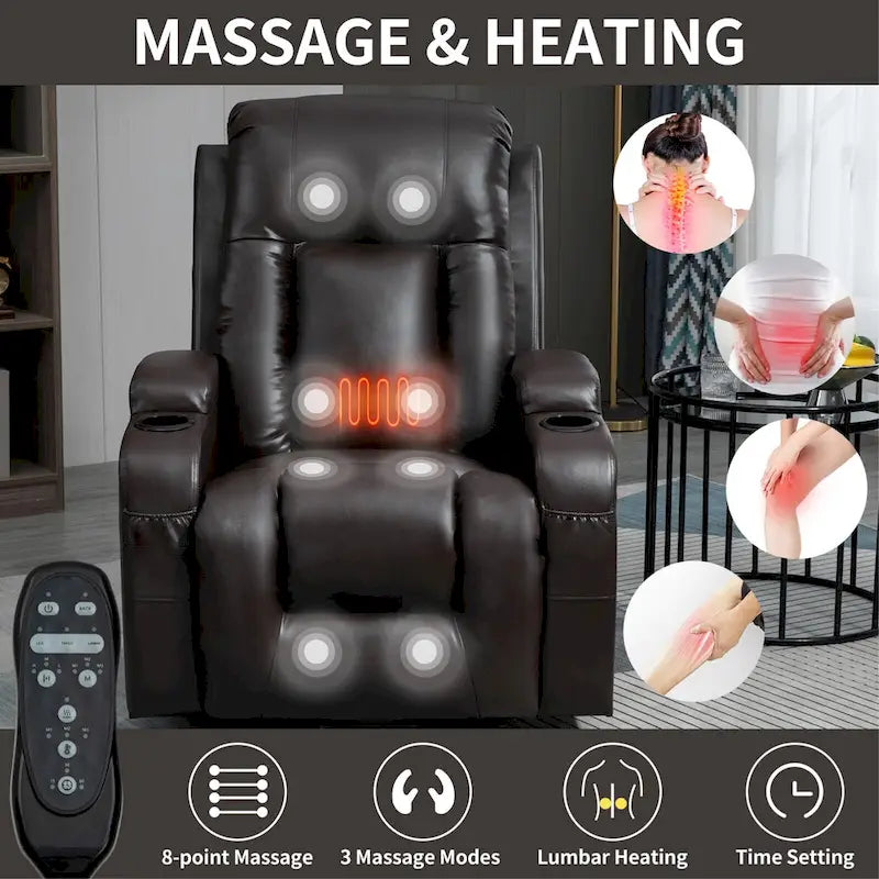 Fauteuil inclinable électrique noir/gris/marron avec massage et chauffage pour 1 personne