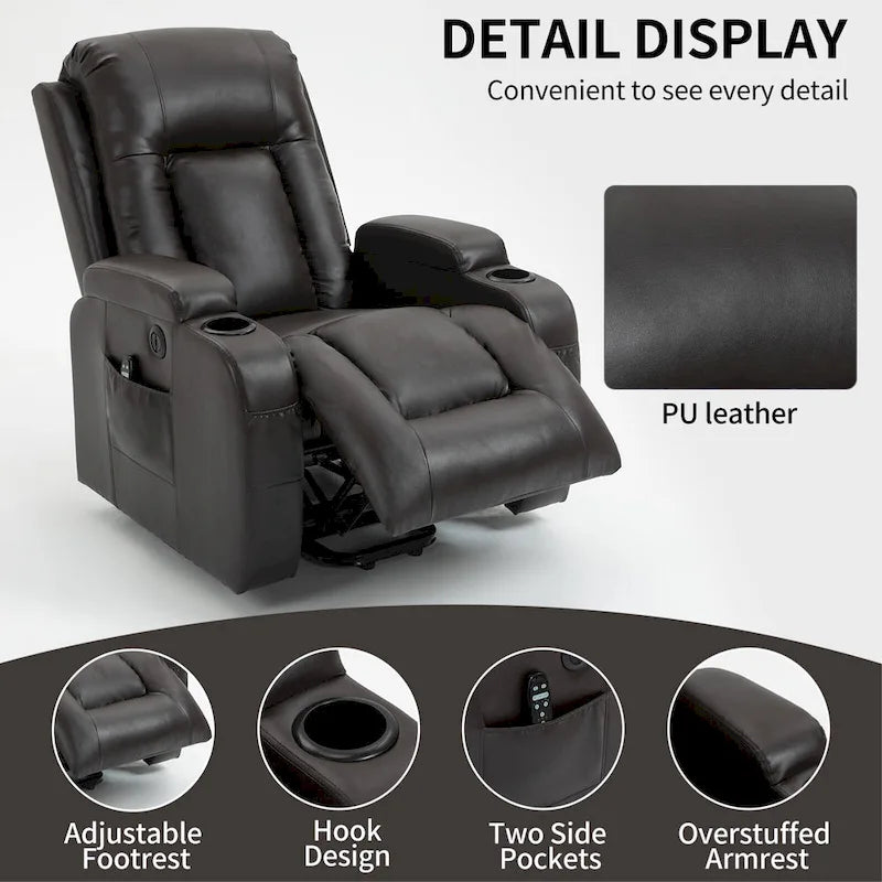 Fauteuil inclinable électrique noir/gris/marron avec massage et chauffage pour 1 personne