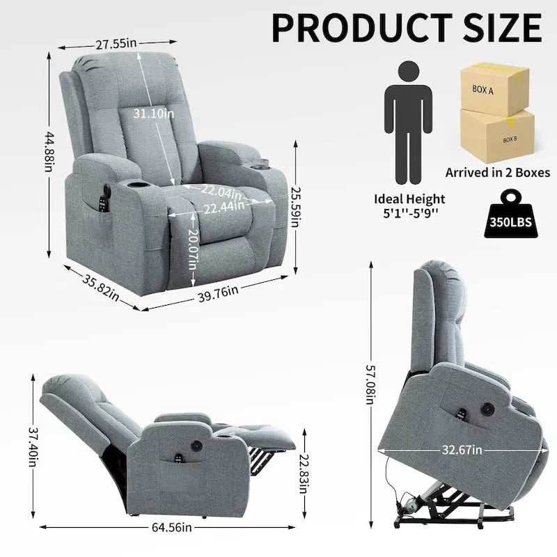 Fauteuil inclinable électrique noir/gris/marron avec massage et chauffage pour 1 personne