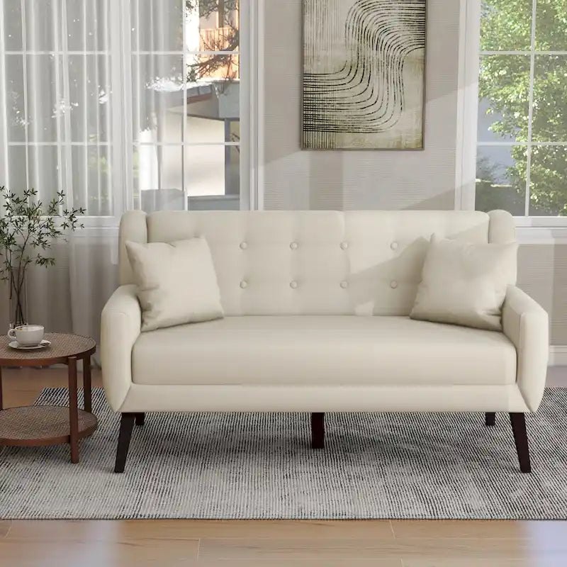 Causeuse mi-siècle en lin et coton touffeté, blanche / bleue / jaune / grise / beige, avec 2 oreillers, pour 2 personnes