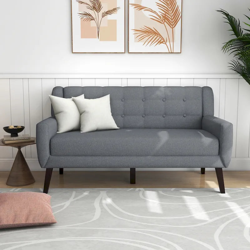 Causeuse mi-siècle en lin et coton touffeté, blanche / bleue / jaune / grise / beige, avec 2 oreillers, pour 2 personnes