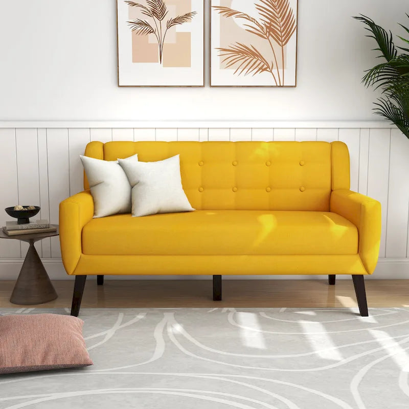 Causeuse mi-siècle en lin et coton touffeté, blanche / bleue / jaune / grise / beige, avec 2 oreillers, pour 2 personnes