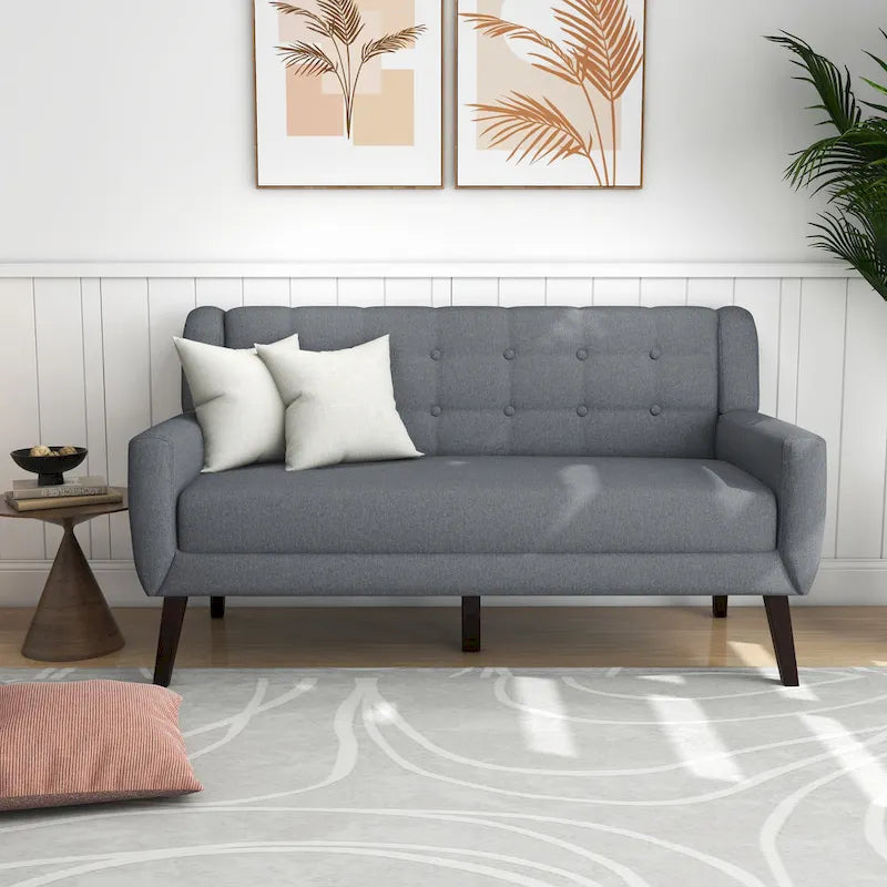 Causeuse mi-siècle en lin et coton touffeté, blanche / bleue / jaune / grise / beige, avec 2 oreillers, pour 2 personnes