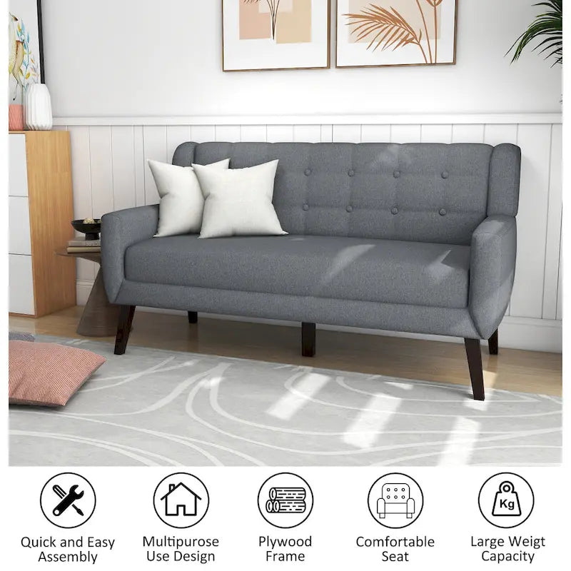 Causeuse mi-siècle en lin et coton touffeté, blanche / bleue / jaune / grise / beige, avec 2 oreillers, pour 2 personnes