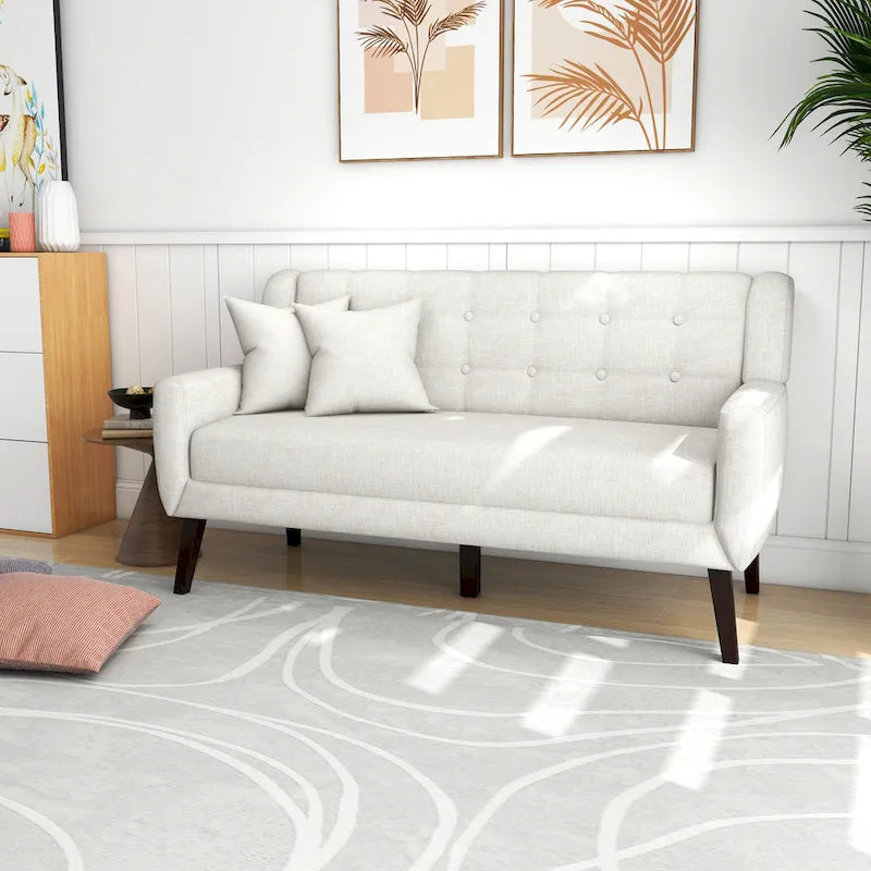 Causeuse mi-siècle en lin et coton touffeté, blanche / bleue / jaune / grise / beige, avec 2 oreillers, pour 2 personnes
