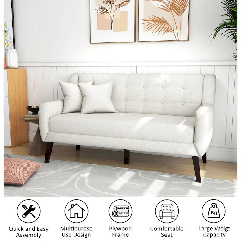 Causeuse mi-siècle en lin et coton touffeté, blanche / bleue / jaune / grise / beige, avec 2 oreillers, pour 2 personnes