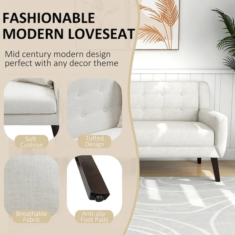 Causeuse mi-siècle en lin et coton touffeté, blanche / bleue / jaune / grise / beige, avec 2 oreillers, pour 2 personnes